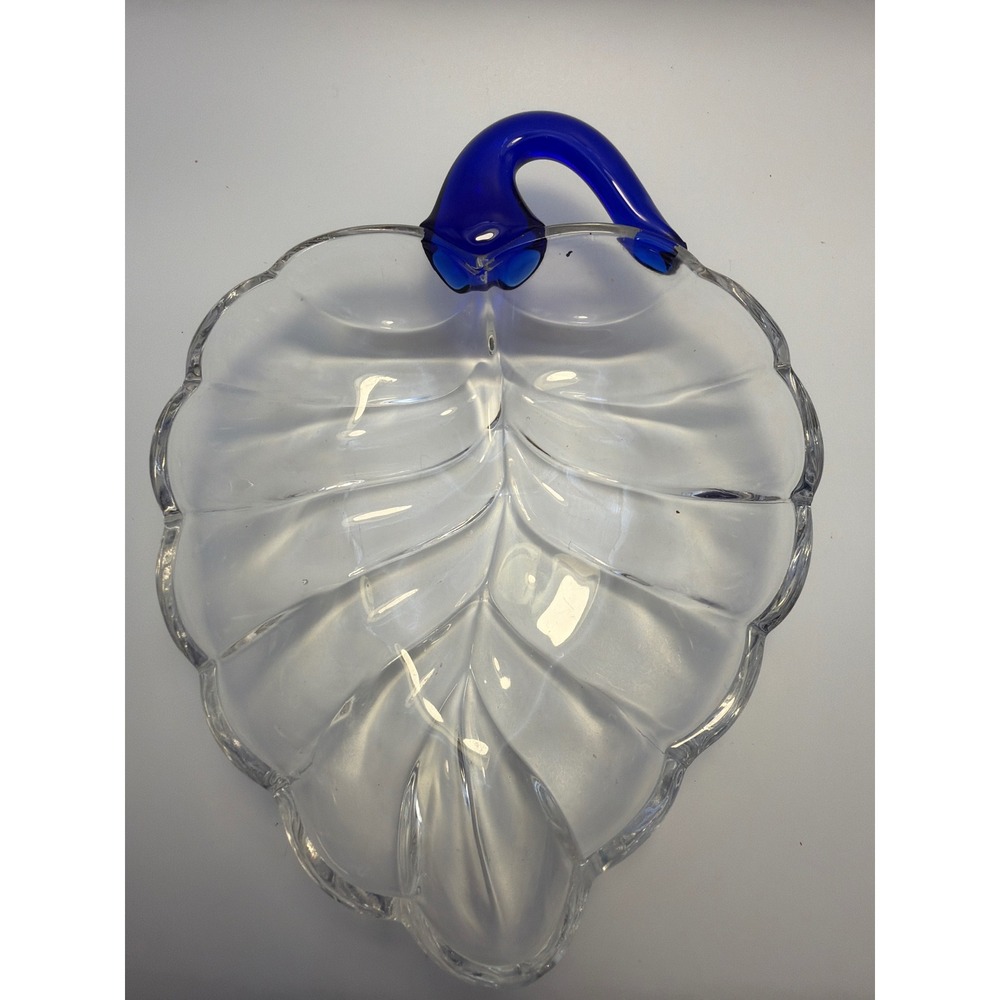 Duncan Miller Glass Leaf Dish Cobalt Blue Applied Handle Clear Pressed Glass 8"